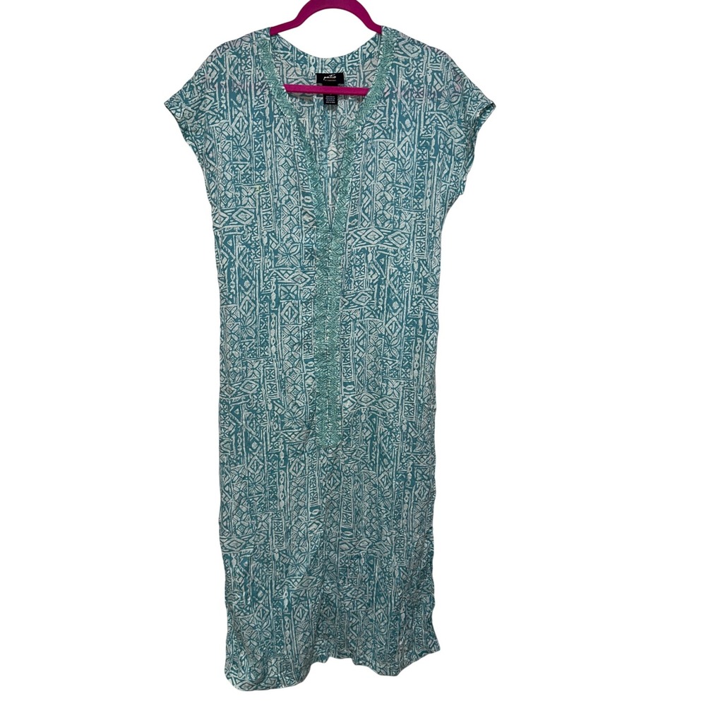 Patio‎ Casuals by Cabernet Teal Blue Bohemian Print House Dress MuuMuu Kaftan